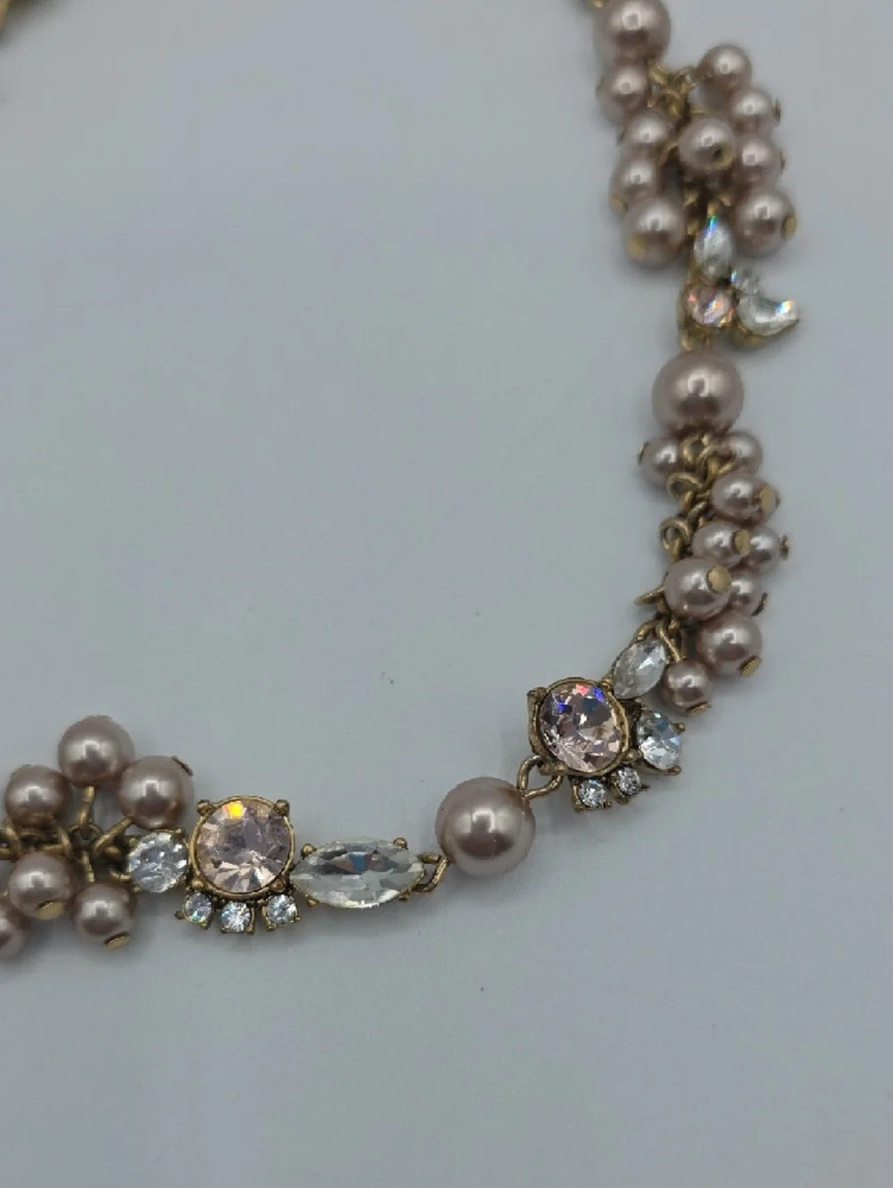 J. Crew Gold-Tone Necklace with Blush Pearl Clusters and Clear Crystals